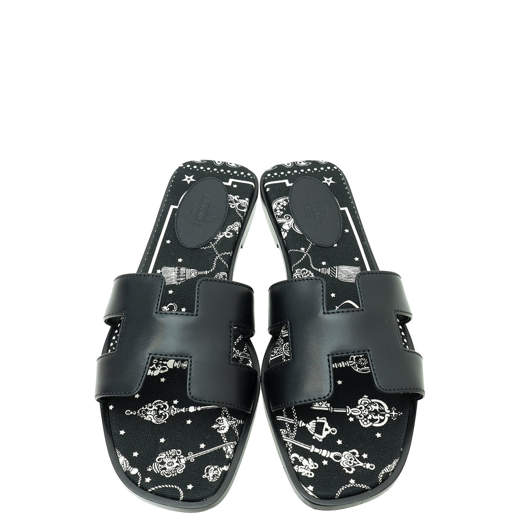 Hermes Noir Oran Les Cles Bandana Sandal 37.5