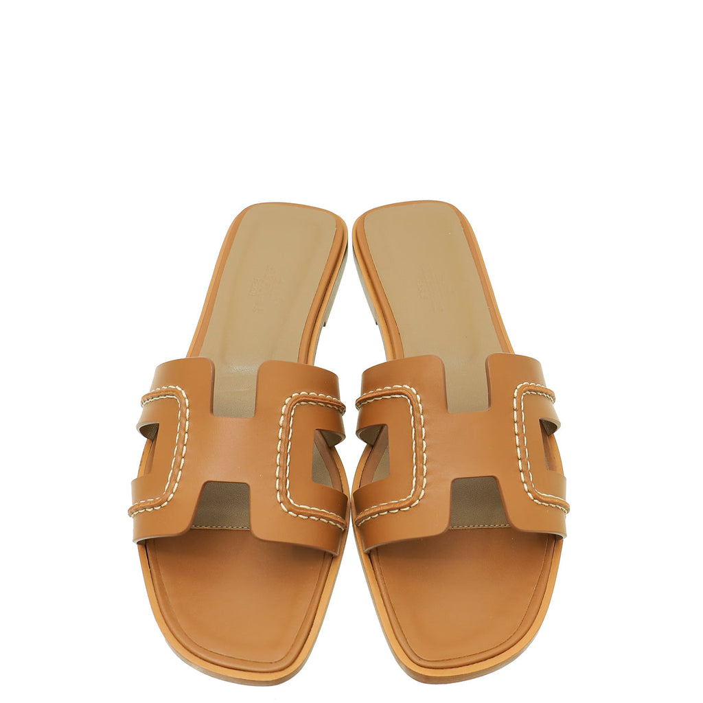 Hermes Gold Oran Stitched Detail Sandal 37