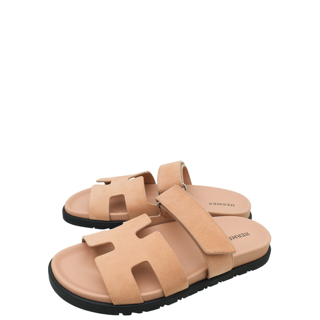 Hermes Rose Porcelain Suede Chypre Sandals 37