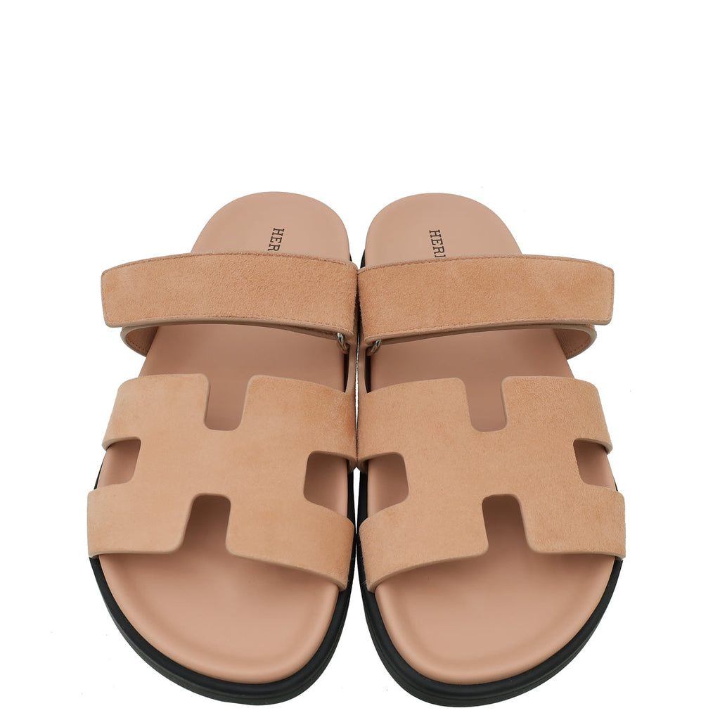 Hermes Rose Porcelain Suede Chypre Sandals 37