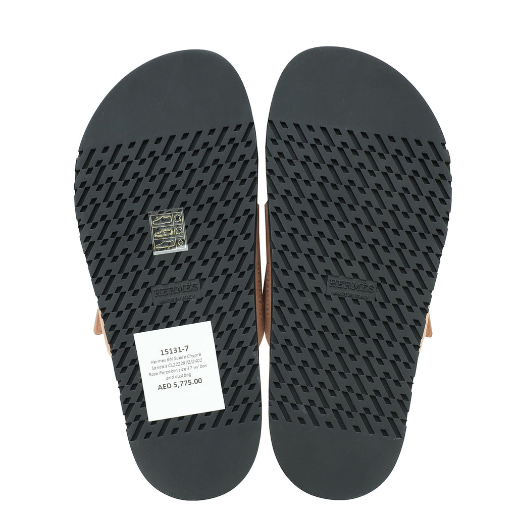 Hermes Rose Porcelain Suede Chypre Sandals 37