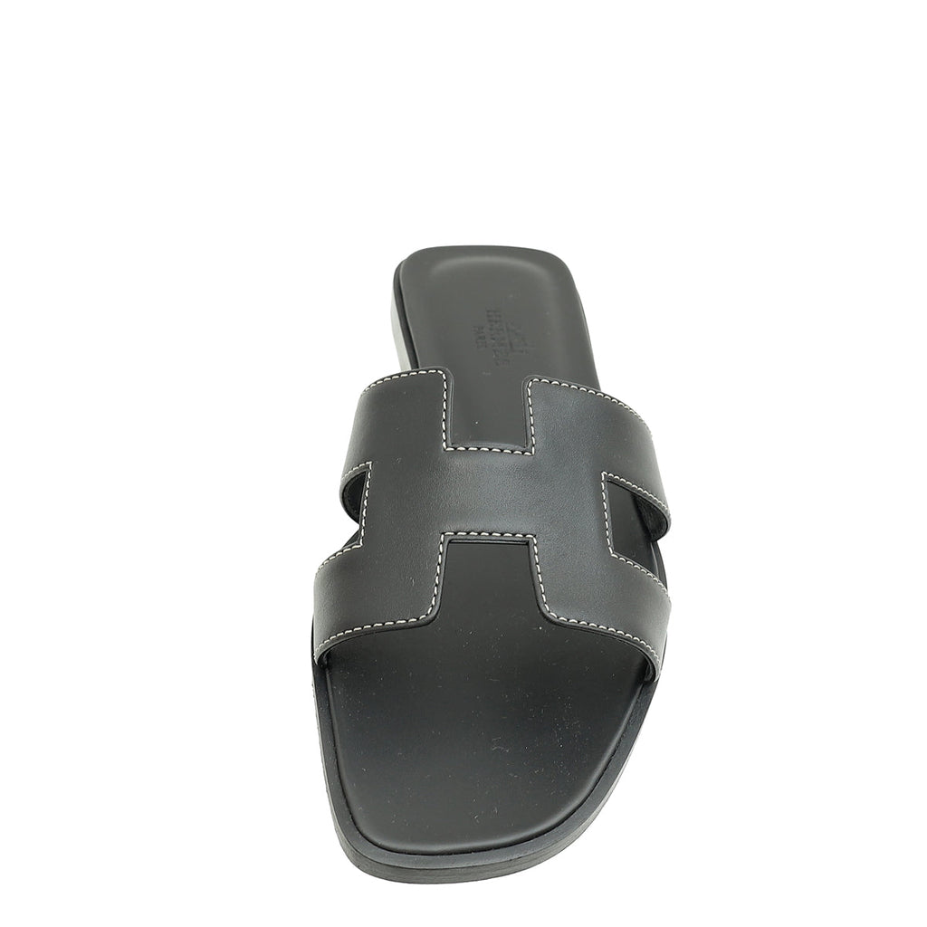 Hermes Noir Oran Sandals 37
