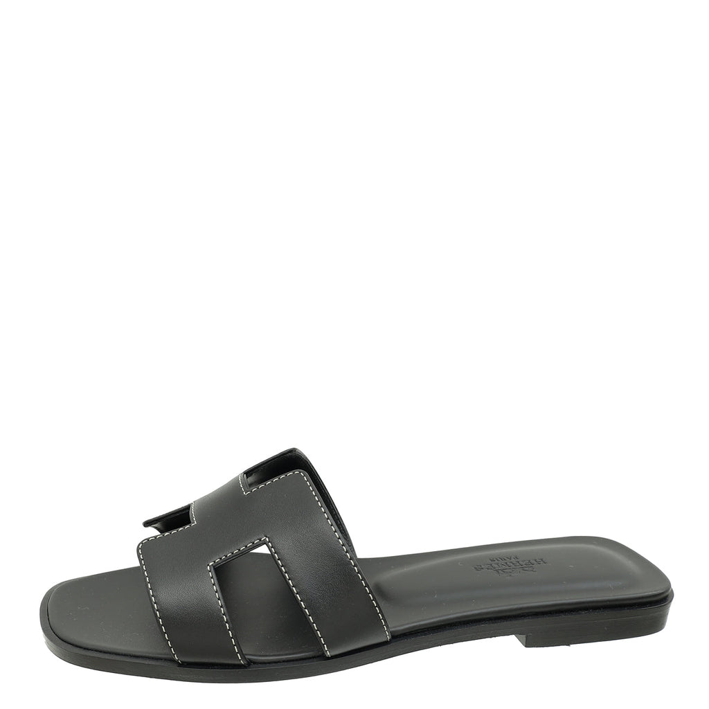 Hermes Noir Oran Sandals 37
