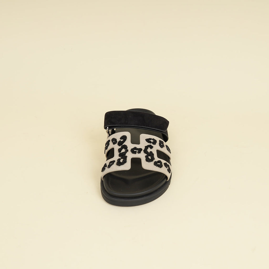 Hermes Bicolor Tufted Leopard Chypre Sandals 37