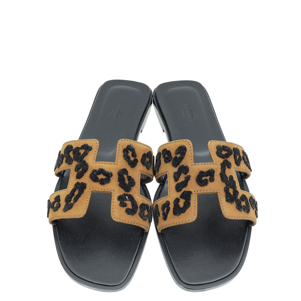 Hermes Tricolor Oran Leopard Sandal 38.5
