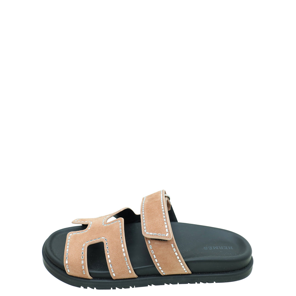 Hermes Rose Perle Suede Crystal Embellished Chypre Sandal 38.5