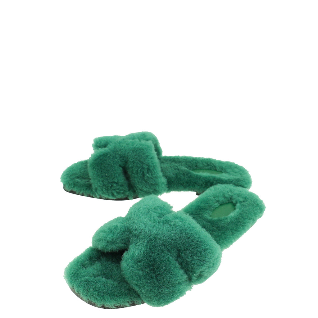 Hermes Vert Anglais Oran Shearling Sandal 38