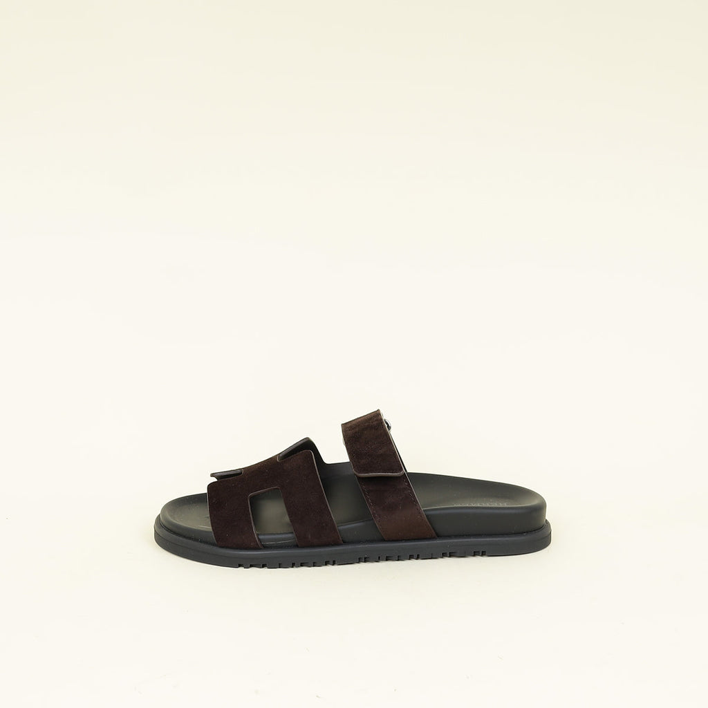 Hermes Maroon Ebene Suede Goatskin Chypre Sandal 38