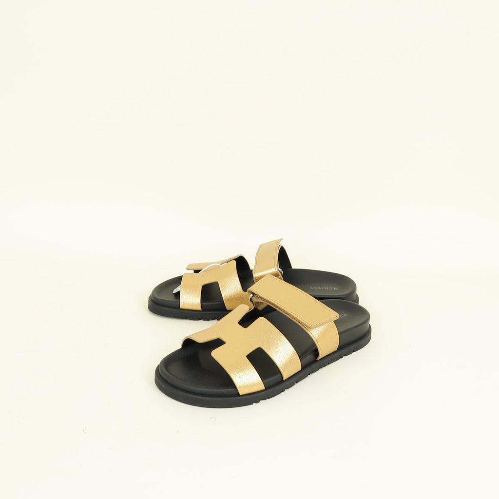 Hermes Metallic Dore Chypre Sandals 38