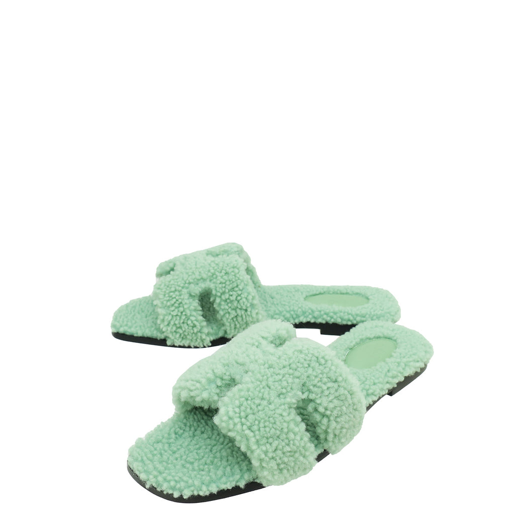 Hermes Vert D'eau Shearling Wool Oran Sandal 39