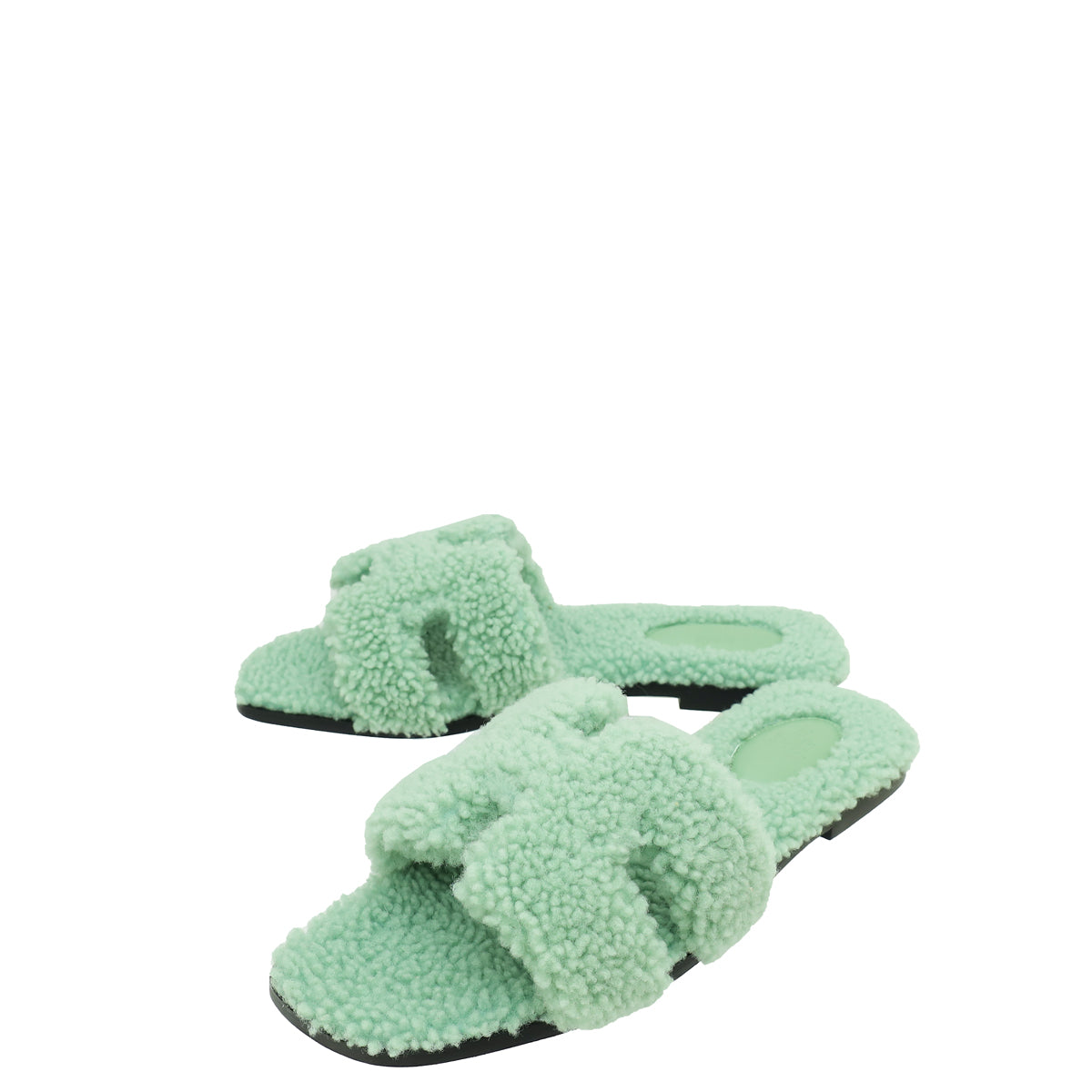 Hermes Vert D'eau Shearling Wool Oran Sandal 39