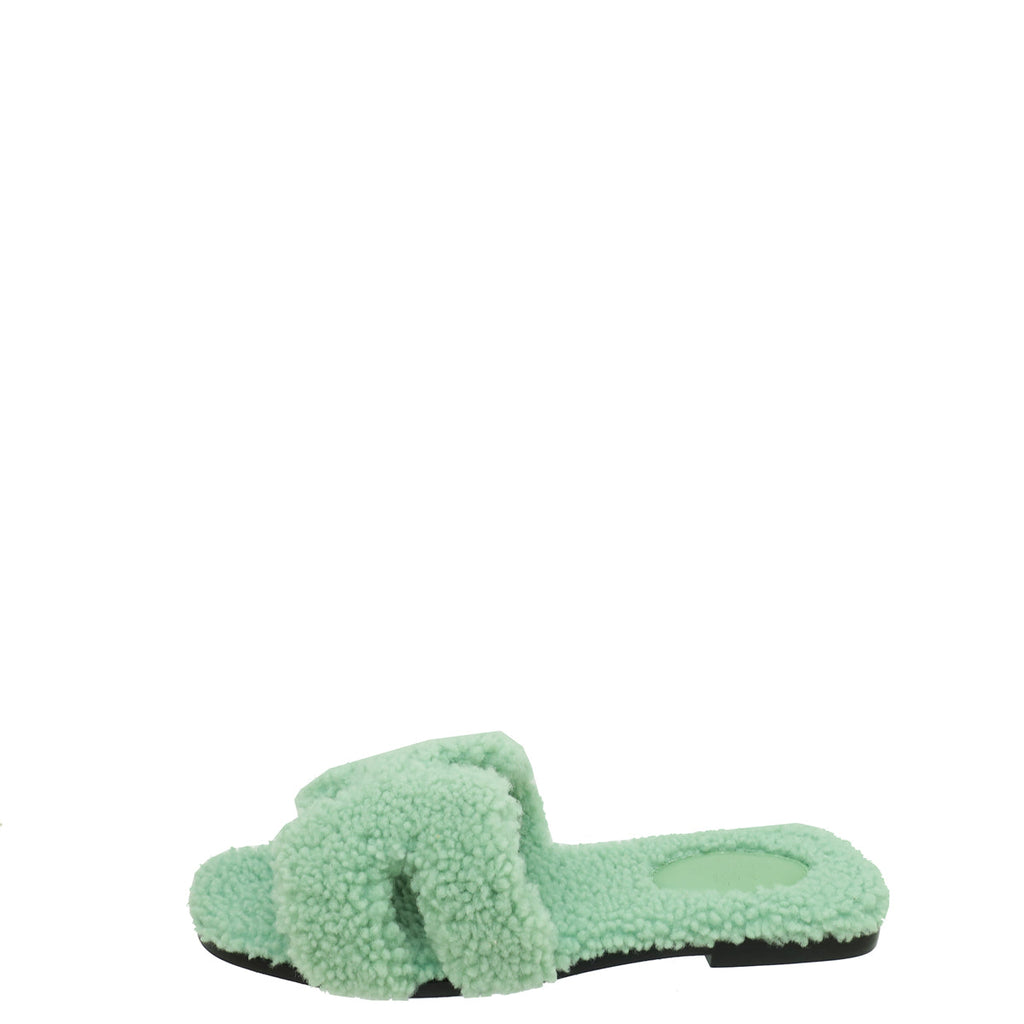 Hermes Vert D'eau Shearling Wool Oran Sandal 39