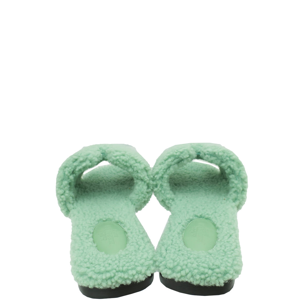 Hermes Vert D'eau Shearling Wool Oran Sandal 39
