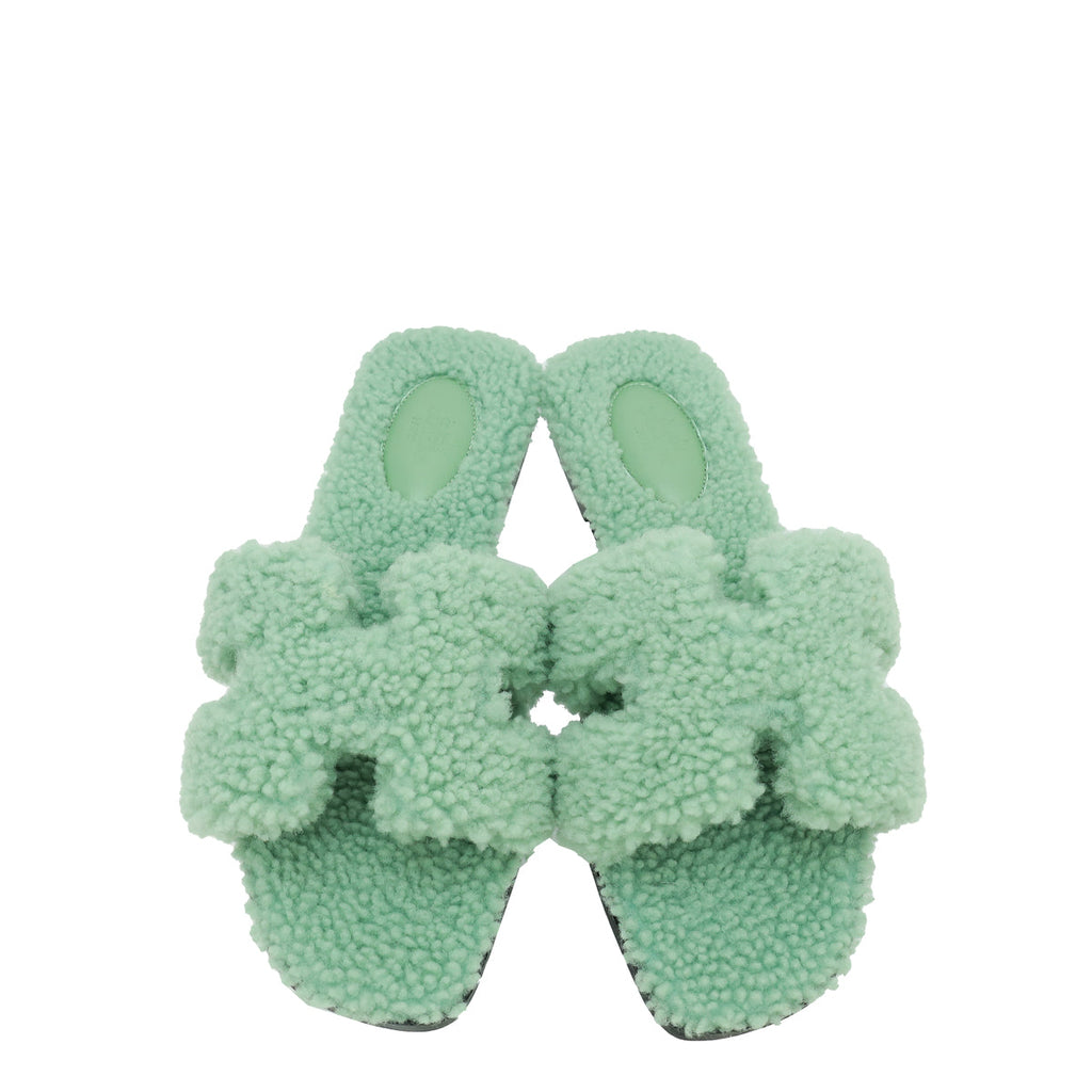 Hermes Vert D'eau Shearling Wool Oran Sandal 39