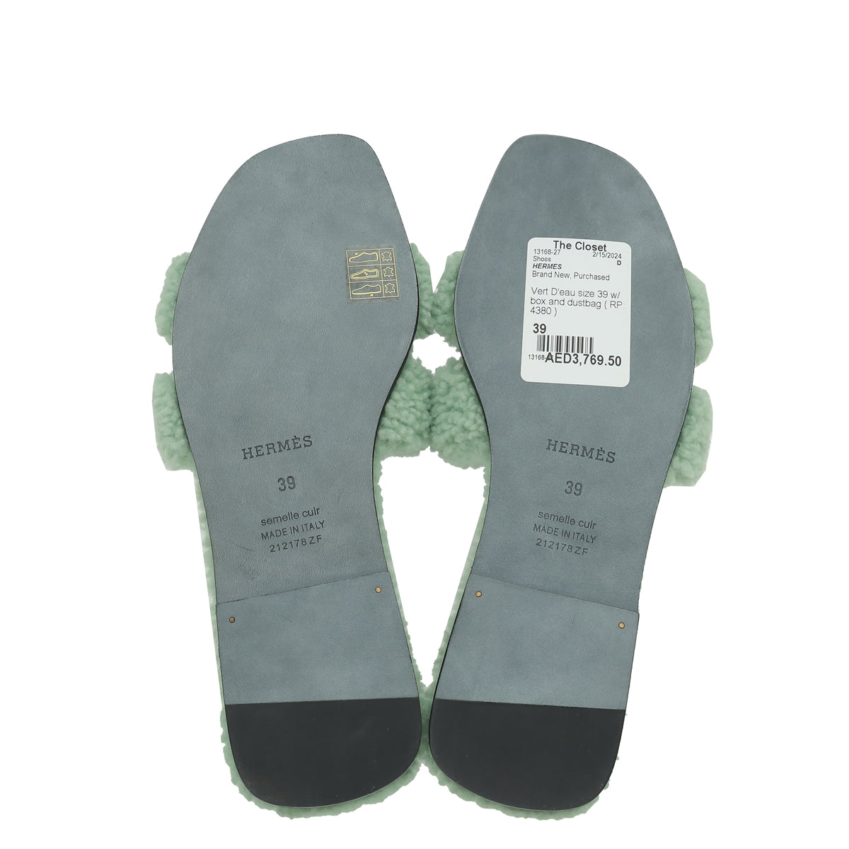 Hermes Vert D'eau Shearling Wool Oran Sandal 39