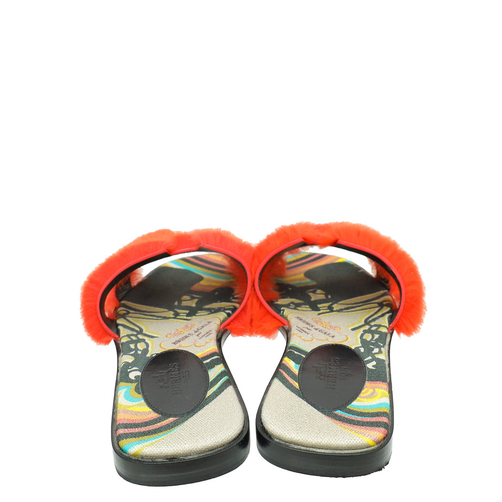 Hermes Rouge Coral Oran Mink Fur Sandal 36