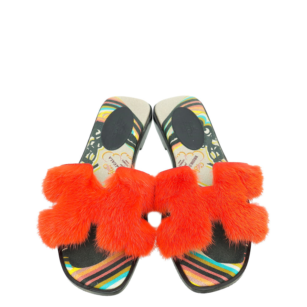 Hermes Rouge Coral Oran Mink Fur Sandal 36