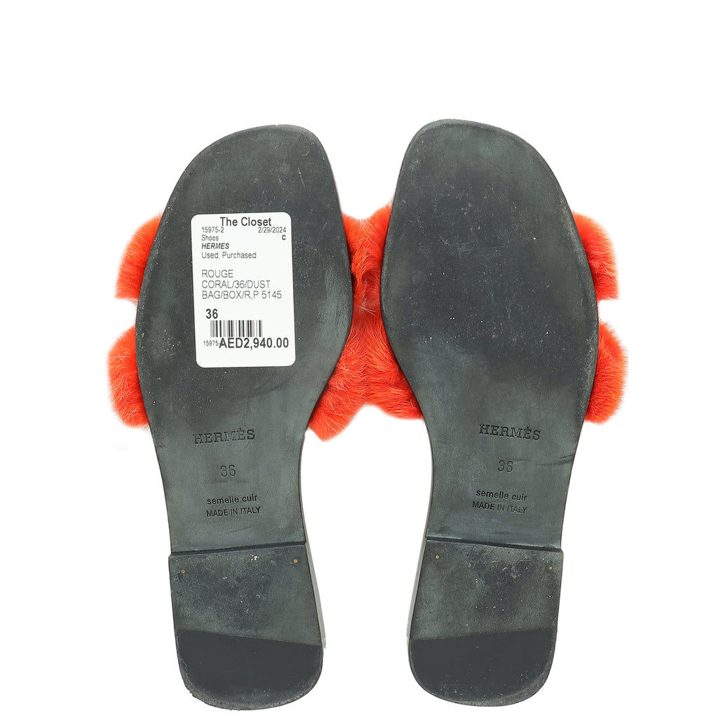 Hermes Rouge Coral Oran Mink Fur Sandal 36