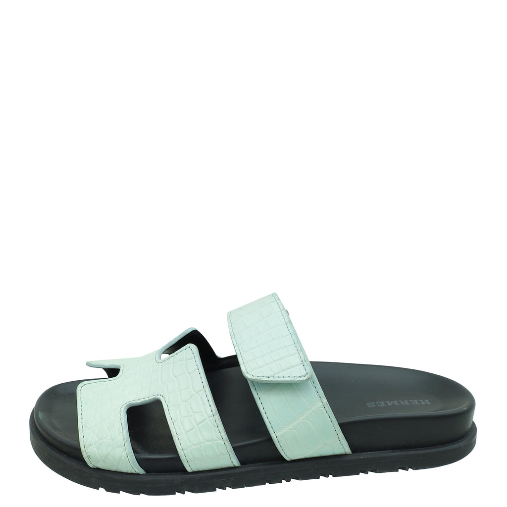 Hermes Vert D'Eau Matte Alligator Chypre Sandals 37.5