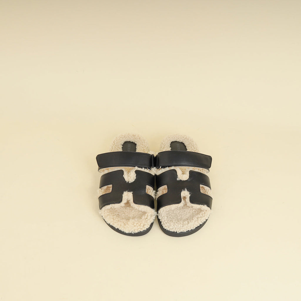 Hermes Noir w/ Shearling Chypre Sandals 37.5
