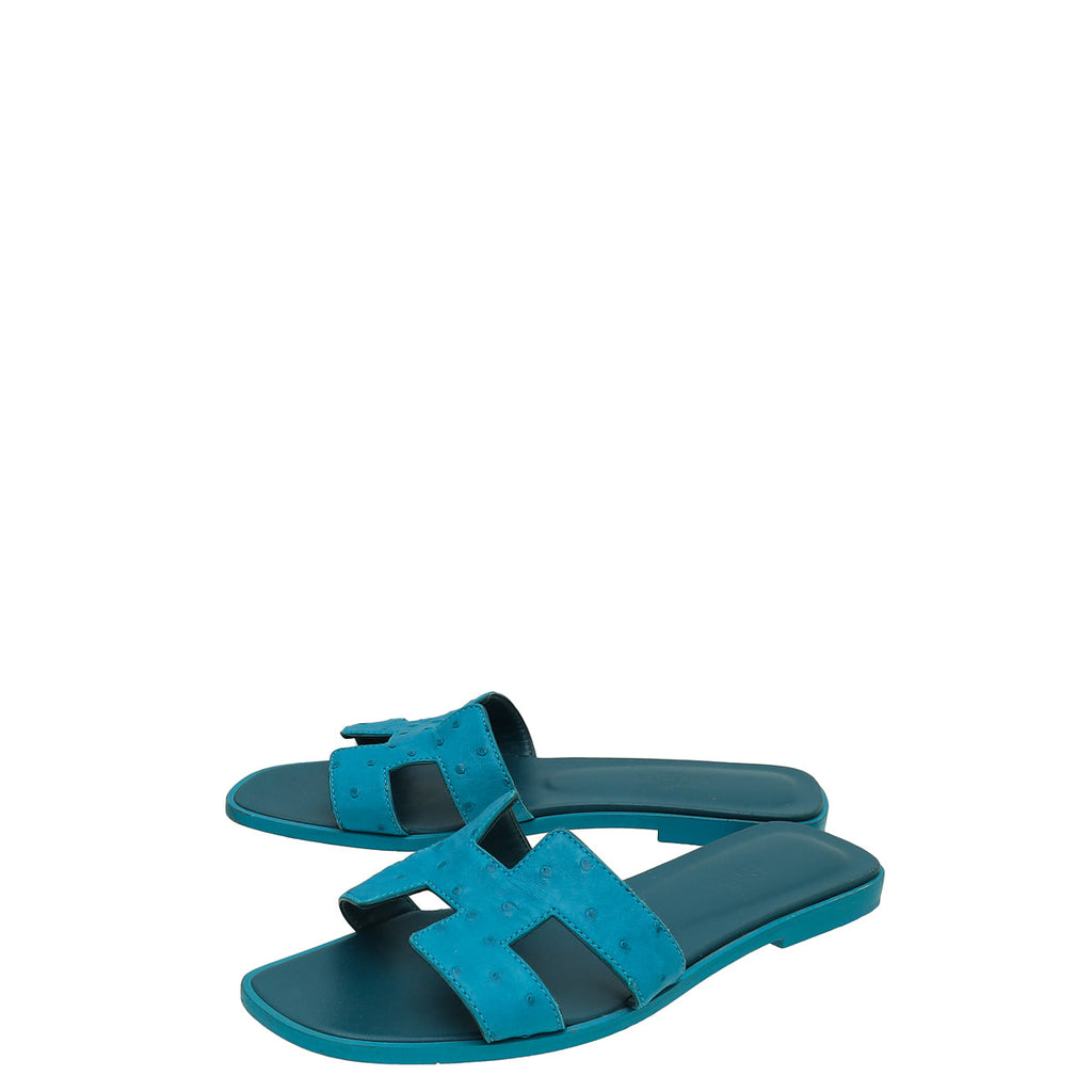 Hermes Bleu Vif Ostrich Oran Sandal 37.5