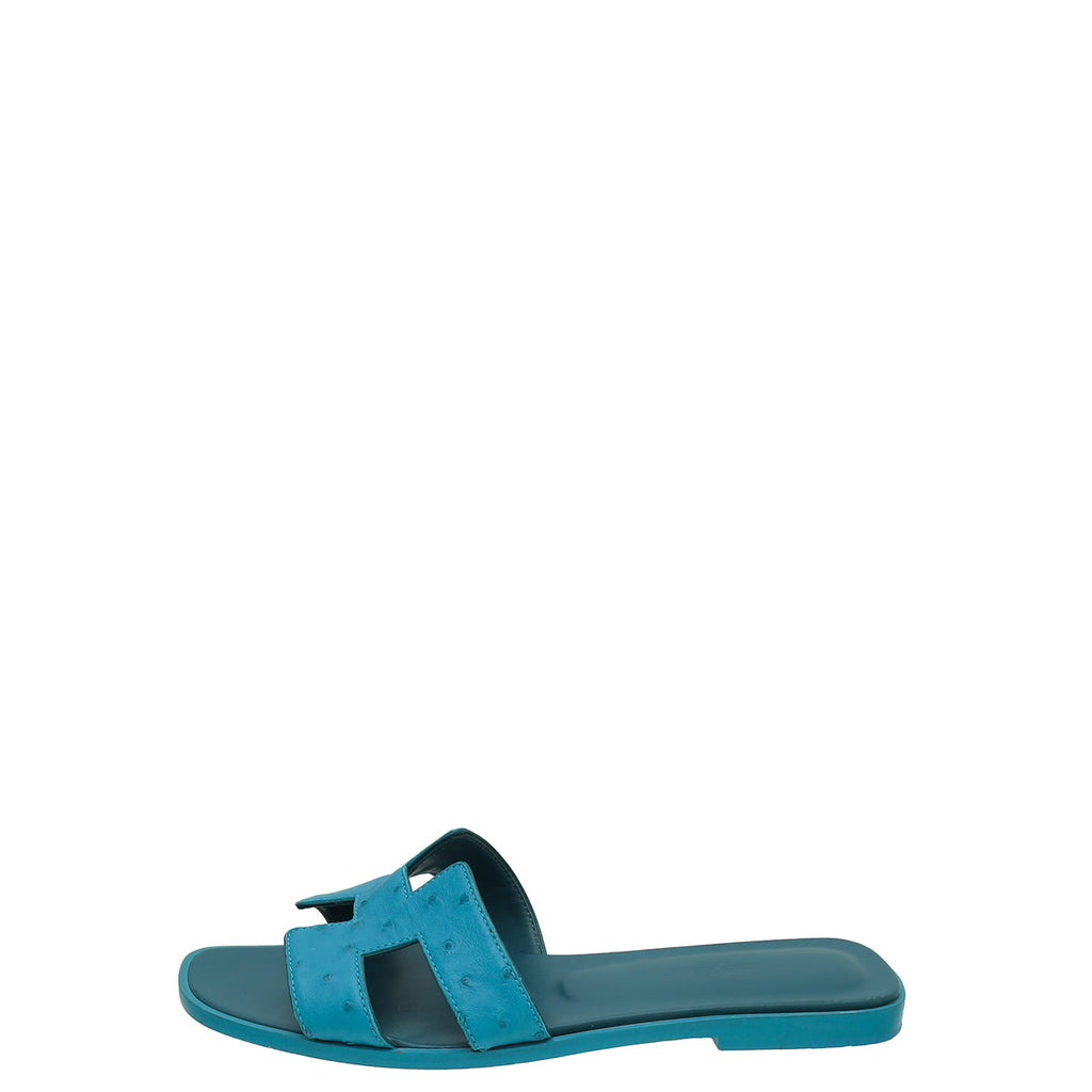 Hermes Bleu Vif Ostrich Oran Sandal 37.5