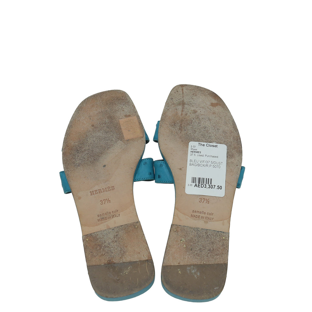 Hermes Bleu Vif Ostrich Oran Sandal 37.5