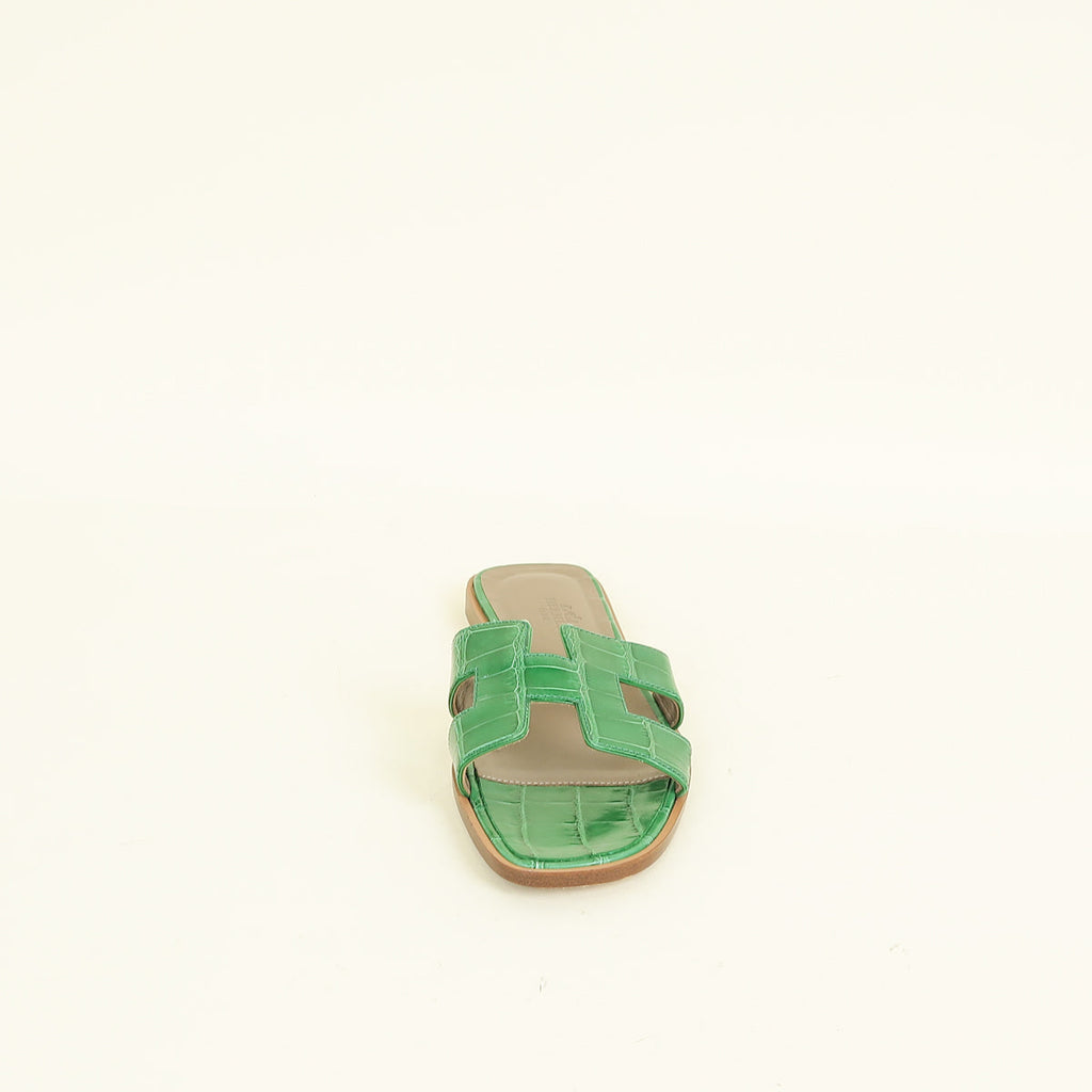 Hermes Bamboo Oran Shiny Alligator Sandal 37.5