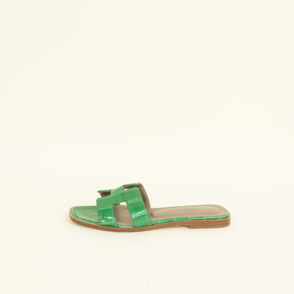 Hermes Bamboo Oran Shiny Alligator Sandal 37.5