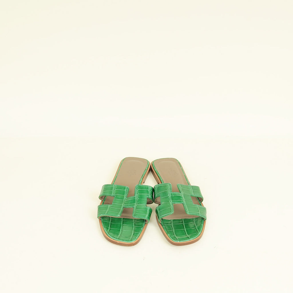 Hermes Bamboo Oran Shiny Alligator Sandal 37.5