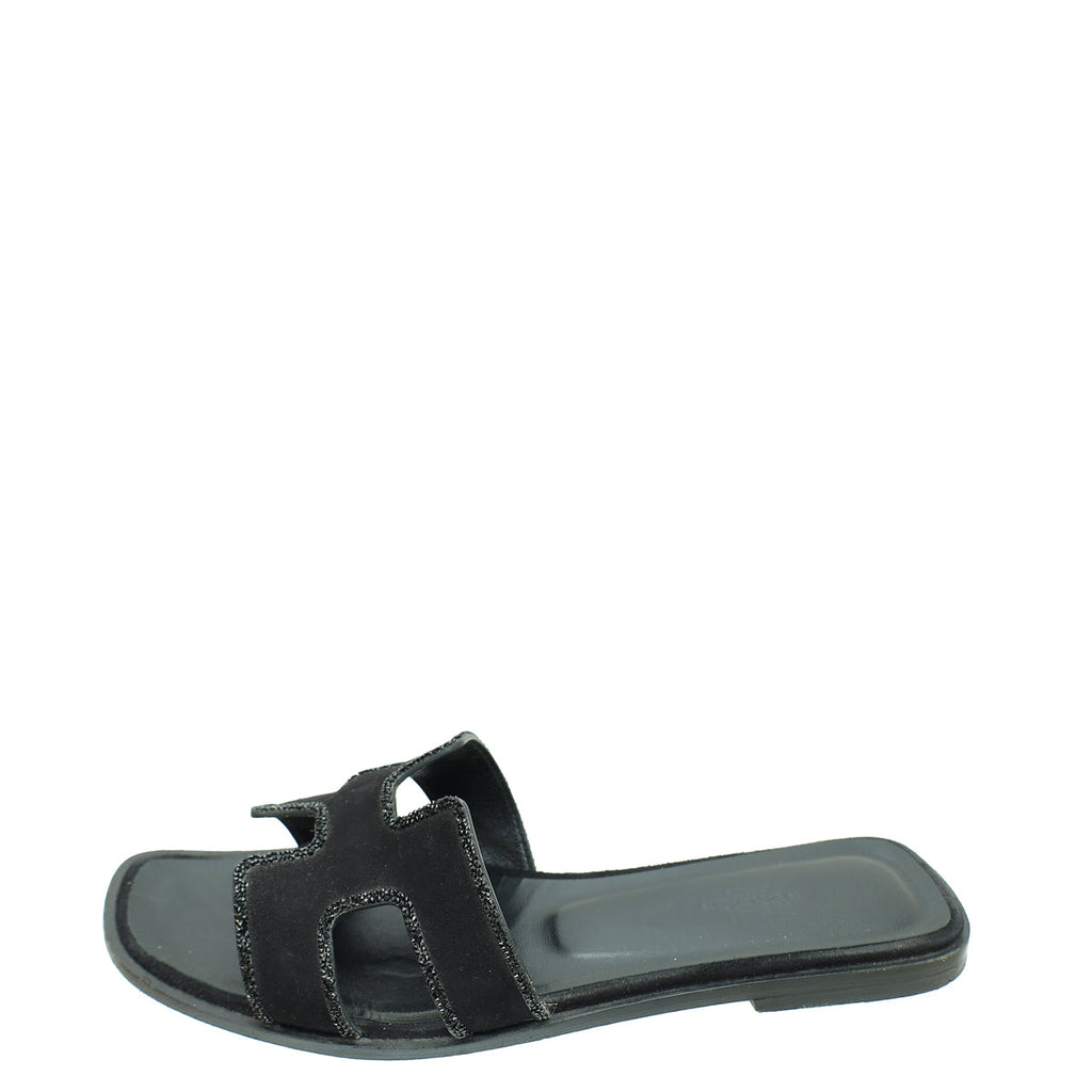 Hermes Noir Oran Suede Goatskin Crystal Sandal 37.5