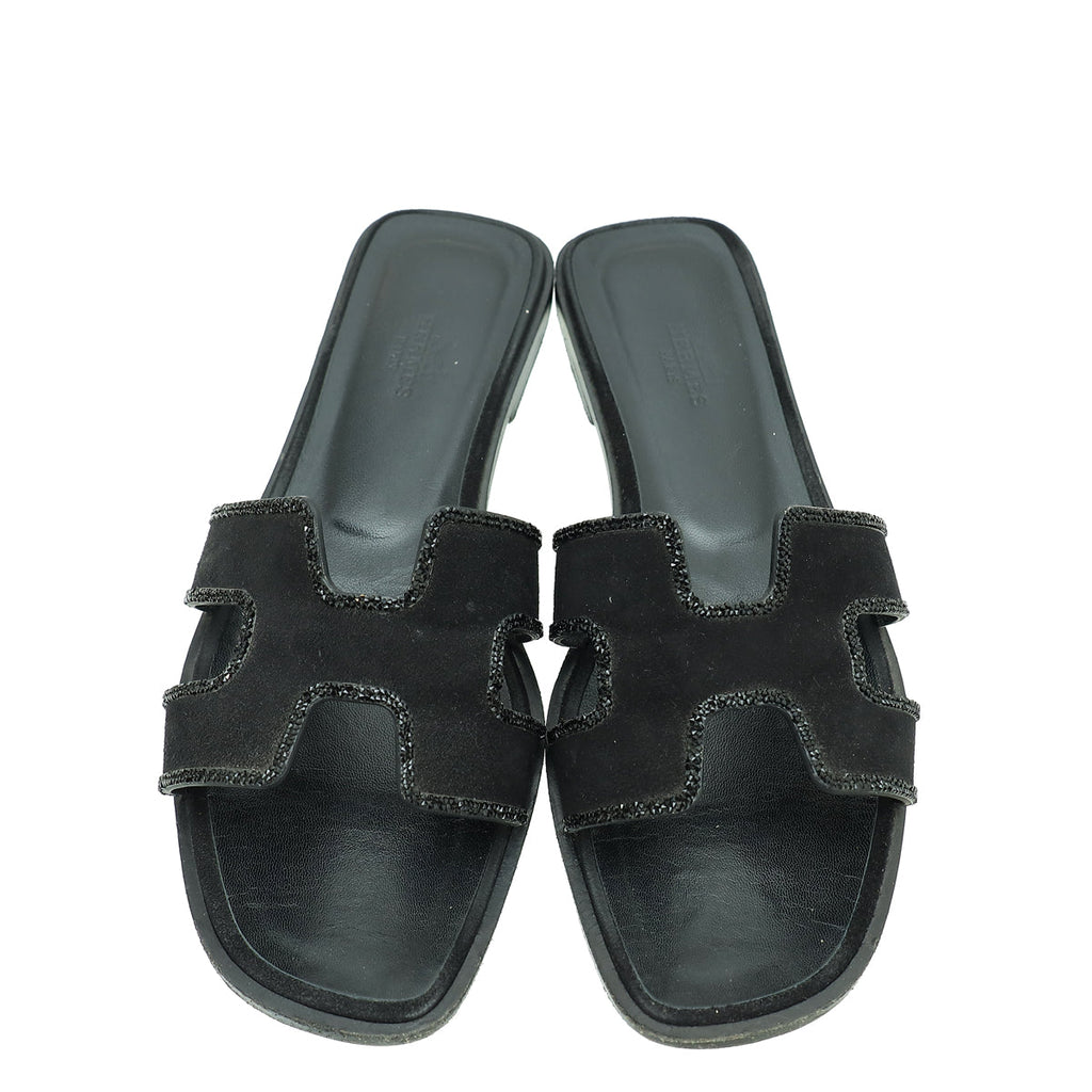 Hermes Noir Oran Suede Goatskin Crystal Sandal 37.5