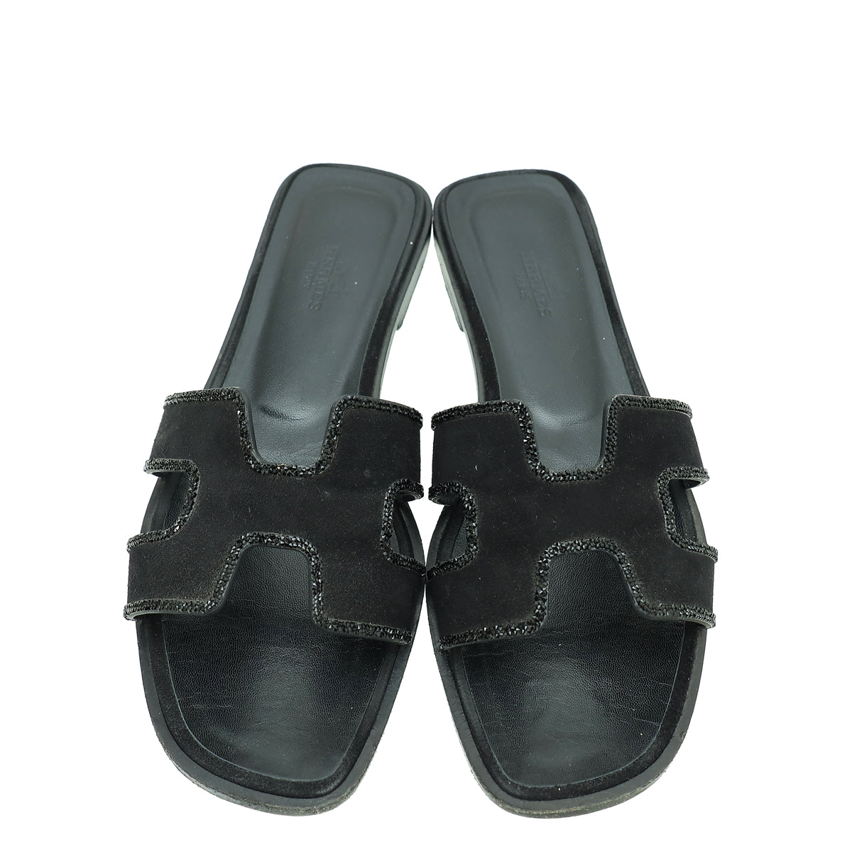 Hermes Noir Oran Suede Goatskin Crystal Sandal 37.5