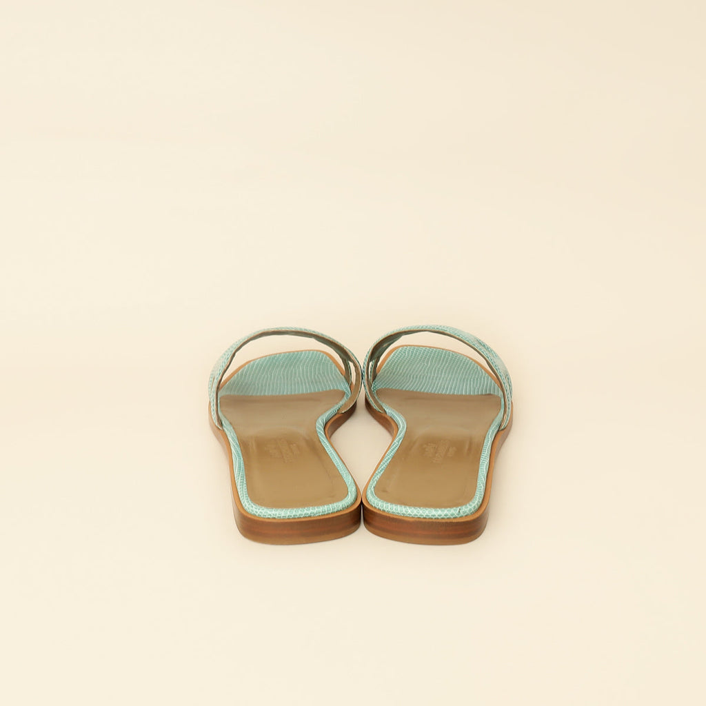 Hermes Turquoise Lizard Omaha Sandals 37