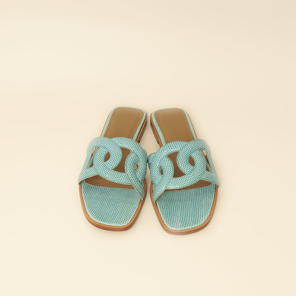 Hermes Turquoise Lizard Omaha Sandals 37