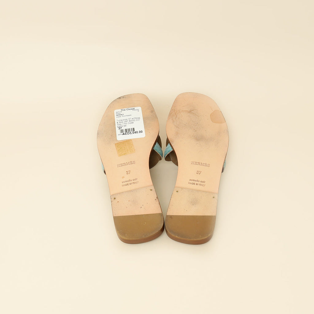 Hermes Turquoise Lizard Omaha Sandals 37
