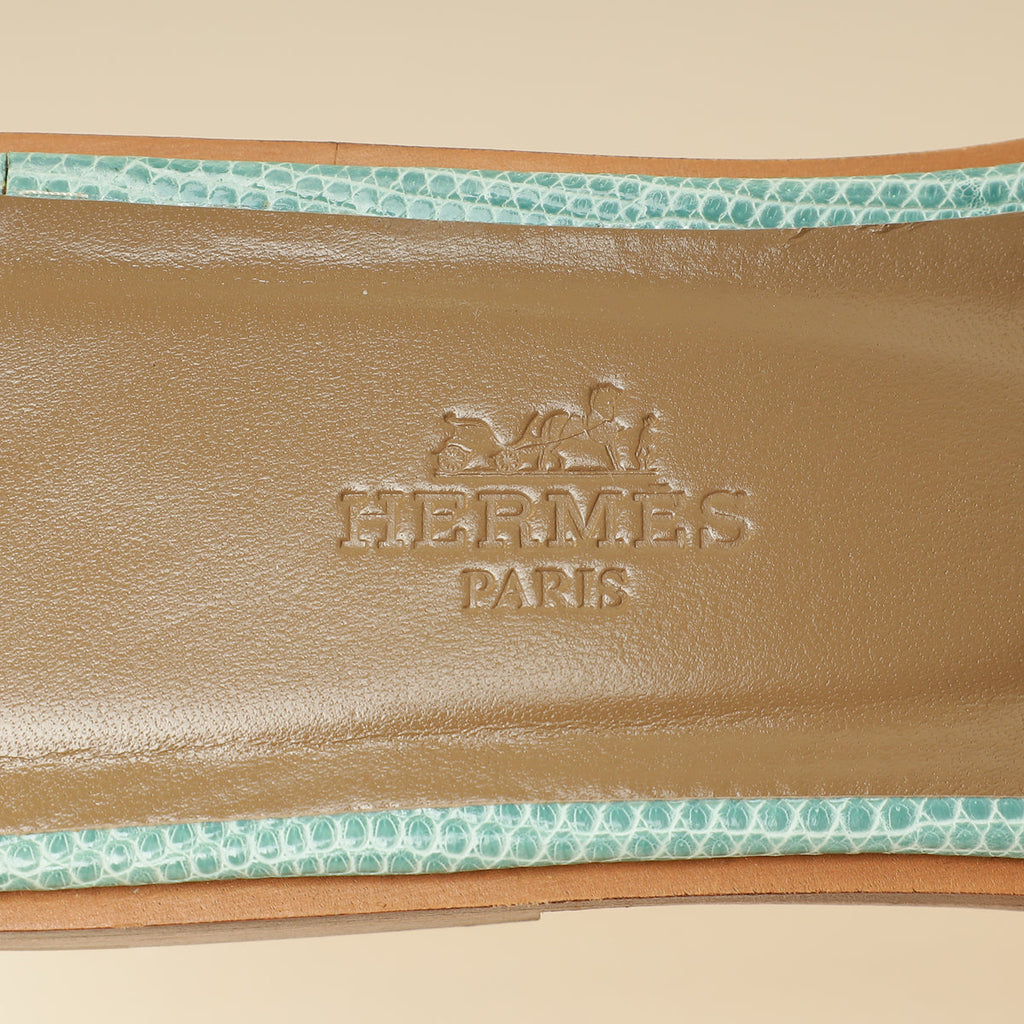 Hermes Turquoise Lizard Omaha Sandals 37