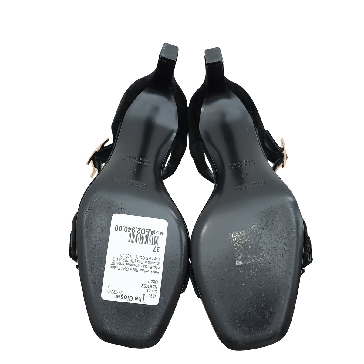 Hermes Black Velvet Judy 70 Sandal 37