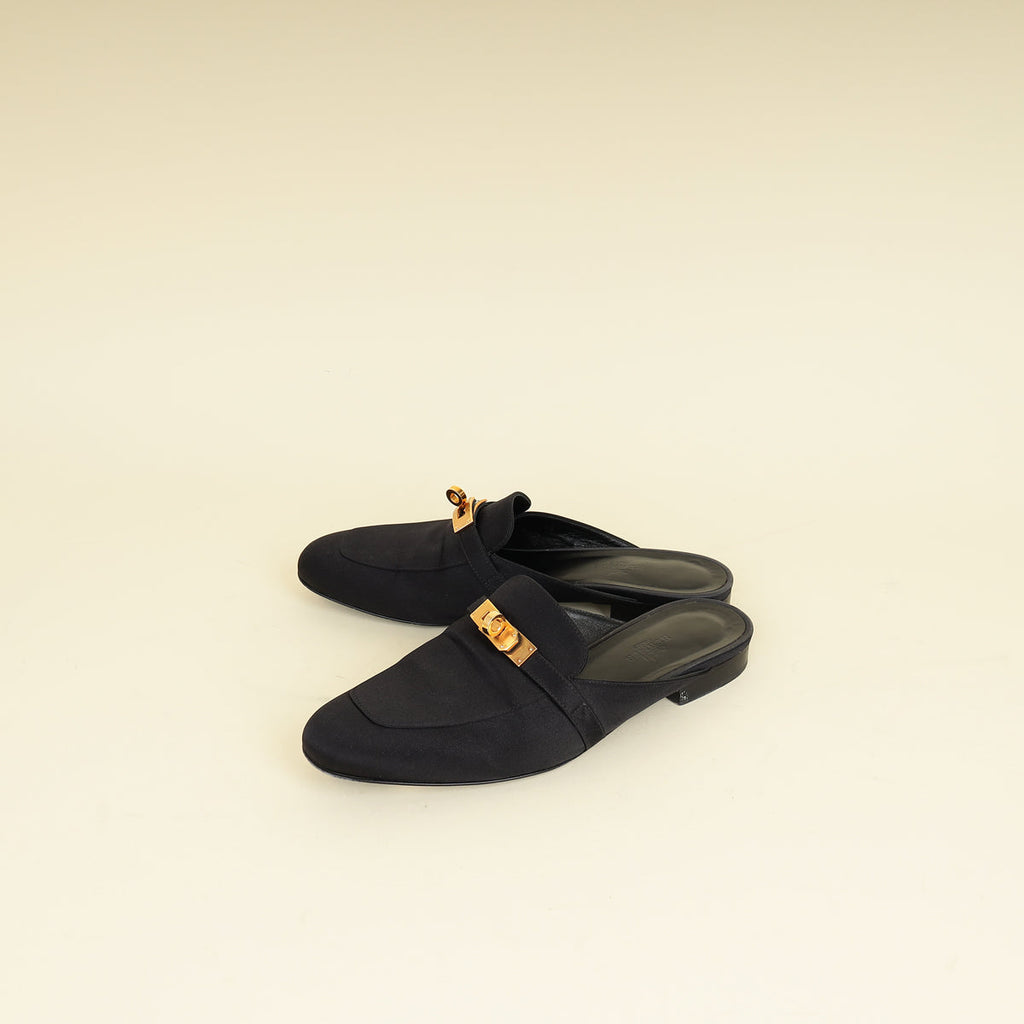 Hermes Black Satin Oz Mules 37