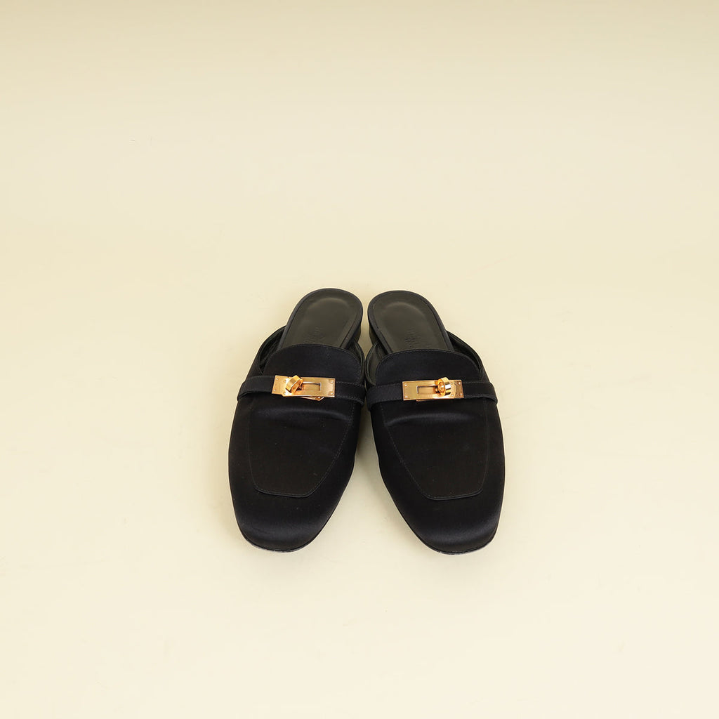 Hermes Black Satin Oz Mules 37