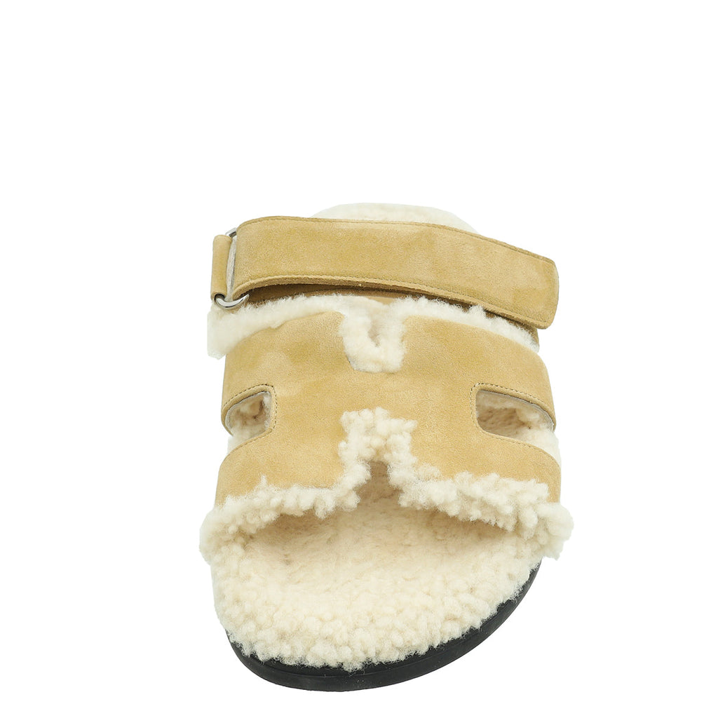 Hermes Beige Shearling Chypre Sandals 37