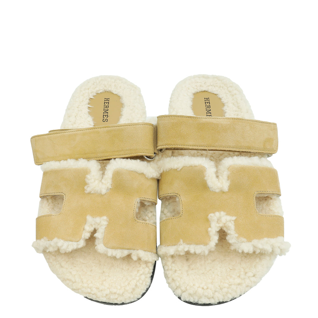 Hermes Beige Shearling Chypre Sandals 37