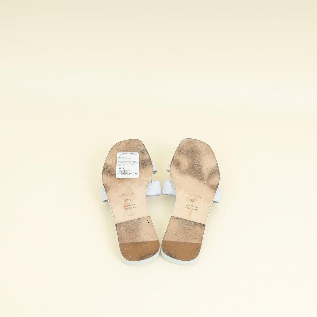 Hermes Bleu Glacier Oran Sandals 38.5