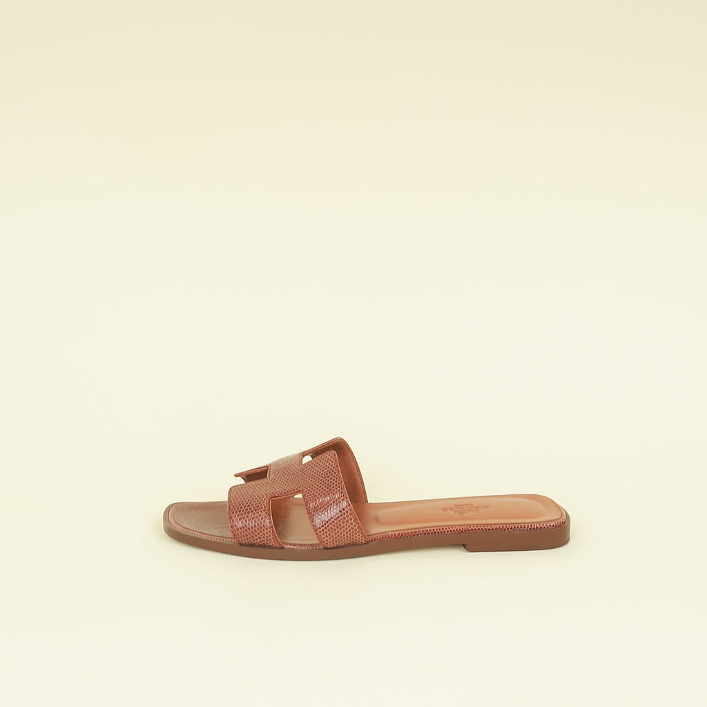 Hermes Marron Alezan Oran Lizard Sandal 38.5