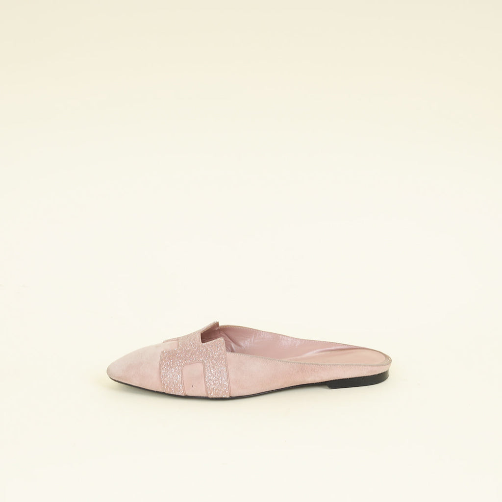 Hermes Pink Roxane Goatskin Suede Crystal Mules 38.5