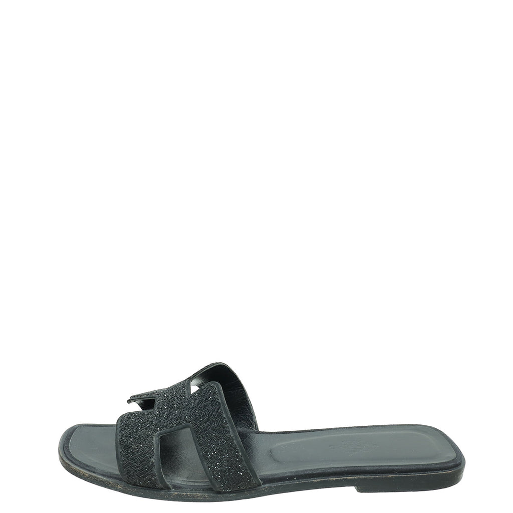 Hermes Noir Oran Crystal Embellished Sandal 38