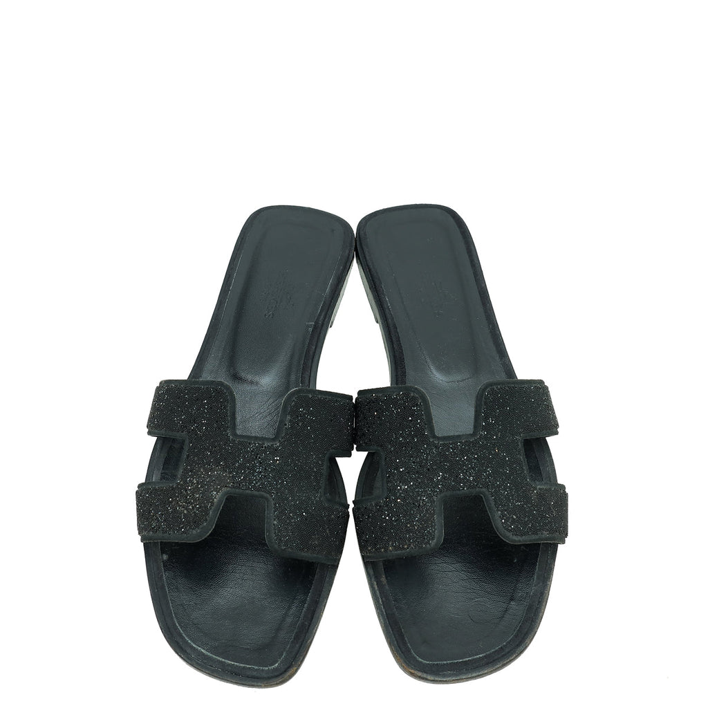 Hermes Noir Oran Crystal Embellished Sandal 38