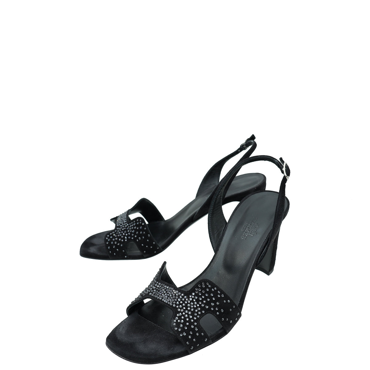 Hermes Noir Suede Goatskin Eternite 80 Rhinestone Details Sandal 38