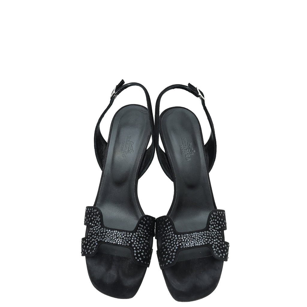 Hermes Noir Suede Goatskin Eternite 80 Rhinestone Details Sandal 38