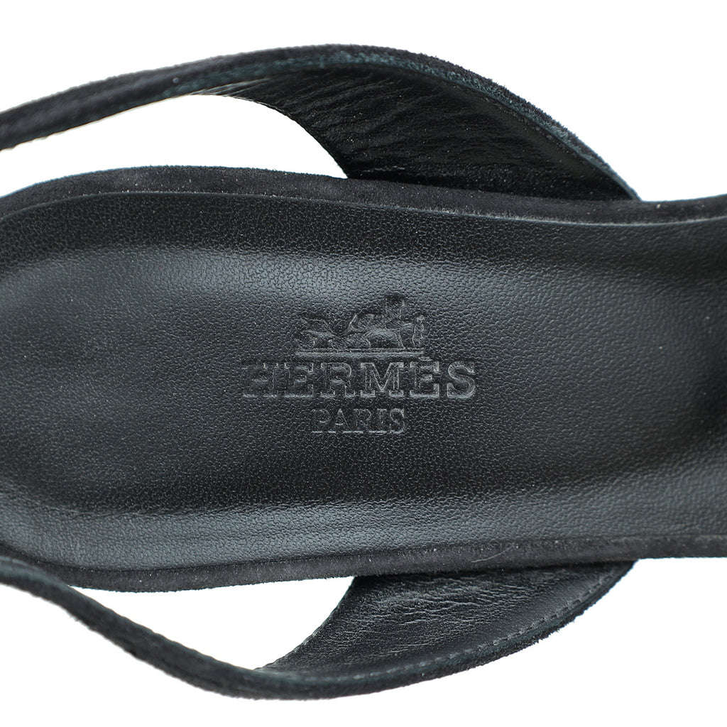 Hermes Noir Suede Goatskin Eternite 80 Rhinestone Details Sandal 38